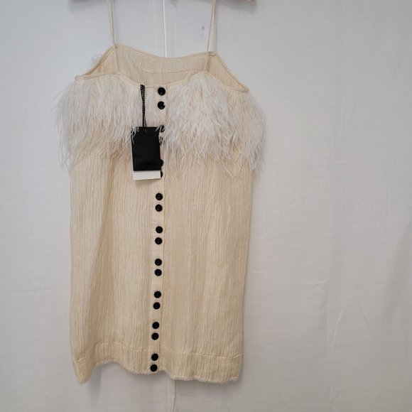 Aje Silk Pellew Feather Dress Cream White Mini Size Small Shoe String Straps New - Picture 4 of 12